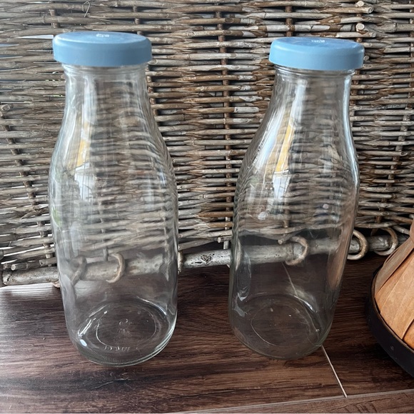 Vintage Glass Milk Bottles with Blue Lids - Picture 1 of 4